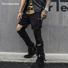 Мужские уличные темно-хип-хоп рваные и потёртые рваные джинсы мужские до колена с дырами, рваные черные хип-хоп джоггеры джинсовые штаны 2024 - купить недорого
