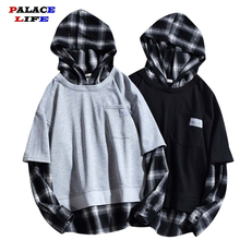 Plaid Patchwork Oversized Hoodies Men Pullovers Autumn Korean Fashions Sweatshirt Streetwear Hip Hop Black Hoodie Woman 2021 2024 - buy cheap