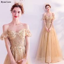 Gold A-Line Prom Dresses 2020 Women Elegant Off Shoulder Appliques Sequins Formal Party Night Long Evening Gowns Robe De Soiree 2024 - buy cheap