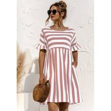Women Vintage Striped Printed Ruffled A-line Dress Short Sleeve O neck High Street Casual Mini Party Dress 2021 Summer New Dress 2024 - buy cheap