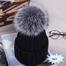 Winter Big Real Fur Pom Women Knitted Beanie Warm Knitted Bobble Ski Hat Cap High Quality 2024 - buy cheap