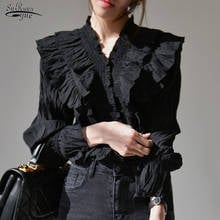 2020 Autumn Sweet Pleated V-neck Puffed Sleeve Women Shirt Korean Loose Chic Ruffle Tops Women Tops Blouse Chemisier Femme 10573 2024 - buy cheap