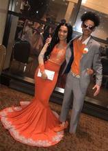 2020 mais novo laranja vestidos de baile mangas compridas renda applique sereia vestido de noite para festa feminina com trem varredura 2024 - compre barato