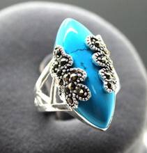 Free Shipping wholesale Rare Vintage Style Blue Natural jade & Marcasite 925 Silver Ring Size 7.8.9.10 2024 - buy cheap