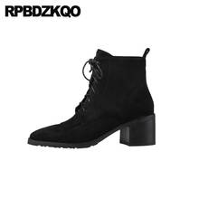 Sheepskin Genuine Leather Shoes Fall Booties Luxury Black 2021 Front Lace Up Casual Ankle Boots Autumn Chunky Square Toe Women 2024 - buy cheap