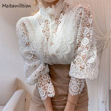 Women Summer Flower Lace Patchwork Shirt 2021 Elegant Hollow Out Petal Sleeve Stand Collar Tops Korean Office White Blouse 2024 - buy cheap