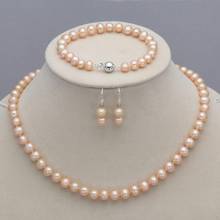 Conjunto de collar, pulsera y pendientes de perlas de agua dulce, color rosa Natural, 8-9mm 2024 - compra barato