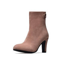 Botas de ante de punta redonda, tacón grueso, tacón alto, cremallera, cilindro corto, tacón cuadrado, de moda, talla grande 11 12 13 14 2024 - compra barato