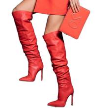 Leather Over The Knee Boots Pleated Thin High Heel Dress Women Shoes Sexy Pointed Toe Slouch Ladies Shoes Runway 2024 - buy cheap
