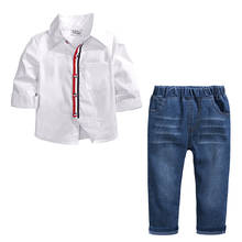 Primavera bebê meninos roupas cavalheiro crianças traje crianças conjuntos de roupas camisa branca + jeans 2 pçs outfit outono 1-7 y meninos fatos de treino 2024 - compre barato