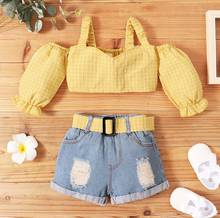 Kids Baby Girls Fashion 2piece Outfit Set Off Shoulder Shirt Tops Denim Shorts Set With Belt Children Girls Summer Clothing 2024 - buy cheap