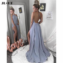 Backless Evening Dresses Long Pleat Halter Prom Dress Front Slit Chiffon Prom Gown In Stock Evening Dress 2024 - buy cheap