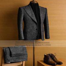 Trajes de invierno para hombre, trajes de Tweed con solapa de muesca, color gris oscuro, 2 piezas, mezcla de dos botones, a medida, corte ajustado, Formal, Jakcet 2021 2024 - compra barato