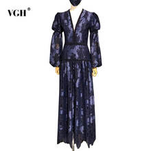 VGH-vestido azul de manga larga con cuello en V para mujer, ropa Vintage de diseño de encaje con retazos de cintura alta, 2021 2024 - compra barato