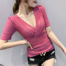 Wrap Shirt Open Chest Top Summer Lace Mesh Short Sleeve Sexy Deep V Neck T Shirt Harajuku T-Shirt Women Tops Black Pink 2024 - buy cheap