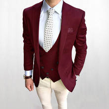 New Arrival Burgundry One Button Groomsmen Peak Lapel Groom Tuxedos Men Suits Wedding Prom Best Man Blazer ( Jacket+Pants+Vest) 2024 - buy cheap