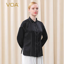 VOA Black Silk Elastic Satin POLO Collar Open Thread Arch Needle Decoration Single-breasted Fashion Joker Shirt Woman BE397 2024 - buy cheap