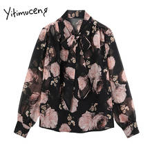 Yitimuceng Print Bow Lace Up Blouse Women Vintage Shirts Loose Black New Spring 2021 Fashion Long Sleeve V-Neck Office Lady Tops 2024 - buy cheap