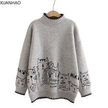 Turtleneck Cartoon Cat Embroidery Jacquard Women Knitted Pullover Sweaters 2020 Winter Sweet Style Full Sleeve Girly Soft Top 2024 - buy cheap