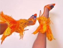 Linamong-Sandalias de plumas para mujer, zapatos de tacón de aguja de 120mm, con Clip en la punta, color naranja, rosa, blanco y negro, para verano 2024 - compra barato