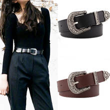 Cinturón de cuero negro para mujer, cinturón con hebilla de Metal, tallado occidental Vintage, de marca de diseñador de lujo 2024 - compra barato
