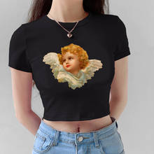 Cottton Casual Basic Short Tees Shirt Ladies Printed Angel Crop Tops Short Sleeve Art Vintage Tshirts Womem Ulzzang Streetwear 2024 - купить недорого