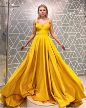 Желтое длинное платье для выпускного вечера 2020 ТРАПЕЦИЕВИДНОЕ милое платье на тонких бретелях с молнией простое вечернее платье вечерние платья Vestidos De Festa дешево 2024 - купить недорого