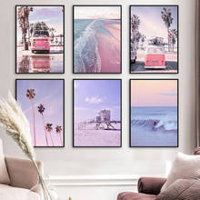 Nórdico posters e cópias roxo mar praia ônibus céu surf pintura da parede lona paisagem fotos para sala de estar decoração casa 2024 - compre barato