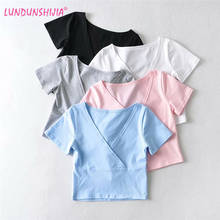 LUNDUNSHIJIA 2021 Summer Women Cross Deep V-neck Short T-Shirts Short Sleeve Slim Elasticity Cotton Female T-Shirt 2024 - buy cheap
