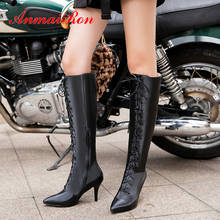 ANMAIRON 2019 PU Lace-Up Pointed Toe Thin Heels Boots Women Knee High Boots Elegant Short Plush Winter Boots Women Size 34-43 2024 - buy cheap