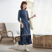 Vestido jeans primavera feminino cheongsam q2136 vestidos vintage para mulheres gola mandarim vestido bordado de flor vestido para meninas 2024 - compre barato