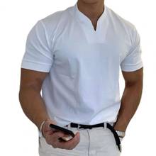 Camiseta casual masculina, camiseta da moda para homens, roupas casuais com gola v, respirável, de mistura de algodão, para academia e vida diária 2024 - compre barato