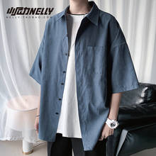 Hip hop fashion brand loose base solid color tooling short sleeve black shirt men's dark blue half sleeve shirt solid shirts 2024 - buy cheap