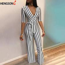 Summer Deep V Neck Sashes Jumpsuit Women Half Sleeve Casual Rompers Overalls Sexy Office Lady Striped Long Pants Jumpsuits 2024 - buy cheap