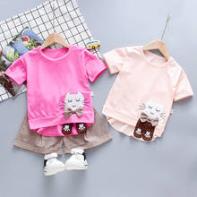 Летние детские костюмы для маленьких девочек модная футболка с короткими рукавами и рисунком кота для девочек клетчатые шорты комплект из 2 предметов, От 1 до 4 лет одежды для детей 2024 - купить недорого