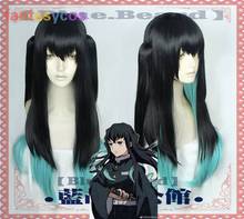 Demon Slayer Kimetsu No Yaiba Tokitou Muichirou Cosplay Wig Black Blue Ponytails Synthetic Hair Halloween+ Free Wig Cap 2024 - buy cheap