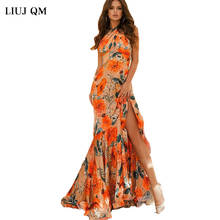 2022Long Summer Dress Sleeveless Neck-mounted Printed Maxi Dresses For Women Split Large Hem Floral Party Dresses Sexy Ladies 2024 - buy cheap