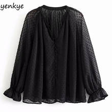 2019 Women Vintage Dotted Black Voile Blouse Shirt Female Long Sleeve V Neck Sexy Semi-sheer Plus Size Chiffon Tops   AAZZ9452 2024 - buy cheap