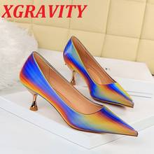 Xgravity 2021 pop star apontou toe menina salto fino mulher sapatos arco-íris senhora moda sapatos elegantes europeus sapatos femininos c339 2024 - compre barato