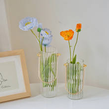 Скандинавская стеклянная ваза для цветов с металлической ручкой, Цветочная бутылка, домашний декор, креативная прозрачная ваза для гидропоники, Свадебный декор стола 2024 - купить недорого