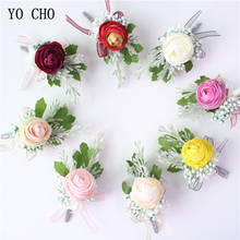 YO CHO Artificial Silk Rose Flower Men Corsage Groom Boutonniere Pin Bridal Wrist Corsages Bridesmaid Bracelet Wedding Flower 2024 - buy cheap