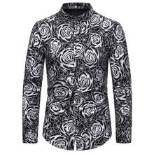 Rosa brilhante bronzeamento imprimir camisa masculina manga longa fino ajuste floral dos homens vestido camisas festa casual baile de formatura masculino camisa social camisas 2024 - compre barato