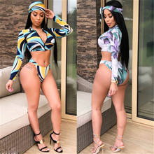 Sexy Women's Long Sleeve Print Zipped Bikini Set Summer Beach Swimsuit 3pcs US 2024 - buy cheap