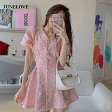 Платье-мини JuneLove с пышными рукавами, на пуговицах, с открытой спиной, V-образным вырезом, летнее, элегантное, розовое, в Корейском стиле, 2021 2024 - купить недорого