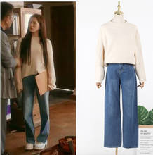 Kpop iu seo yea ji outono solto o-pescoço quente camisolas de manga completa topos + azul cintura alta em linha reta jeans feminino roupas de duas peças 2024 - compre barato