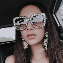 Женские большие ретро-очки, роскошные брендовые дизайнерские очки со стразами, квадратные затемненные солнцезащитные очки для женщин, UV400 2024 - купить недорого