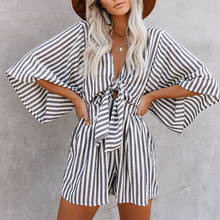 Foridol Bowknot Striped White Loose Romper Playsuits Batwing Sleeve Wide Leg Casual V Neck Overalls for Women Pockets 2024 - buy cheap