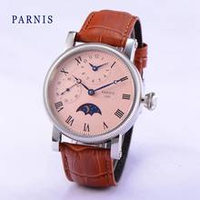 Parnis 43 мм механические мужские часы GMT хронограф наручные часы с ручным заводом коричневый 100% воловья кожа ремешок 12 часов наручные часы 2024 - купить недорого