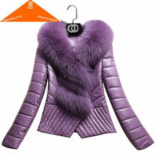 Casaco de couro genuíno com gola natural de pele de raposa, jaqueta para mulheres em pato branco e inverno 526 2024 - compre barato