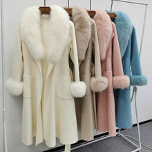 Lã feminina mistura casaco longo luxo gola de pele de raposa manguito cashmere trench overcoat inverno quente primavera 2021 2024 - compre barato